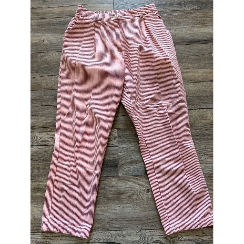 Y'coo Paris Red White Striped Pleated Straight Leg Pants Small Elastic Waist